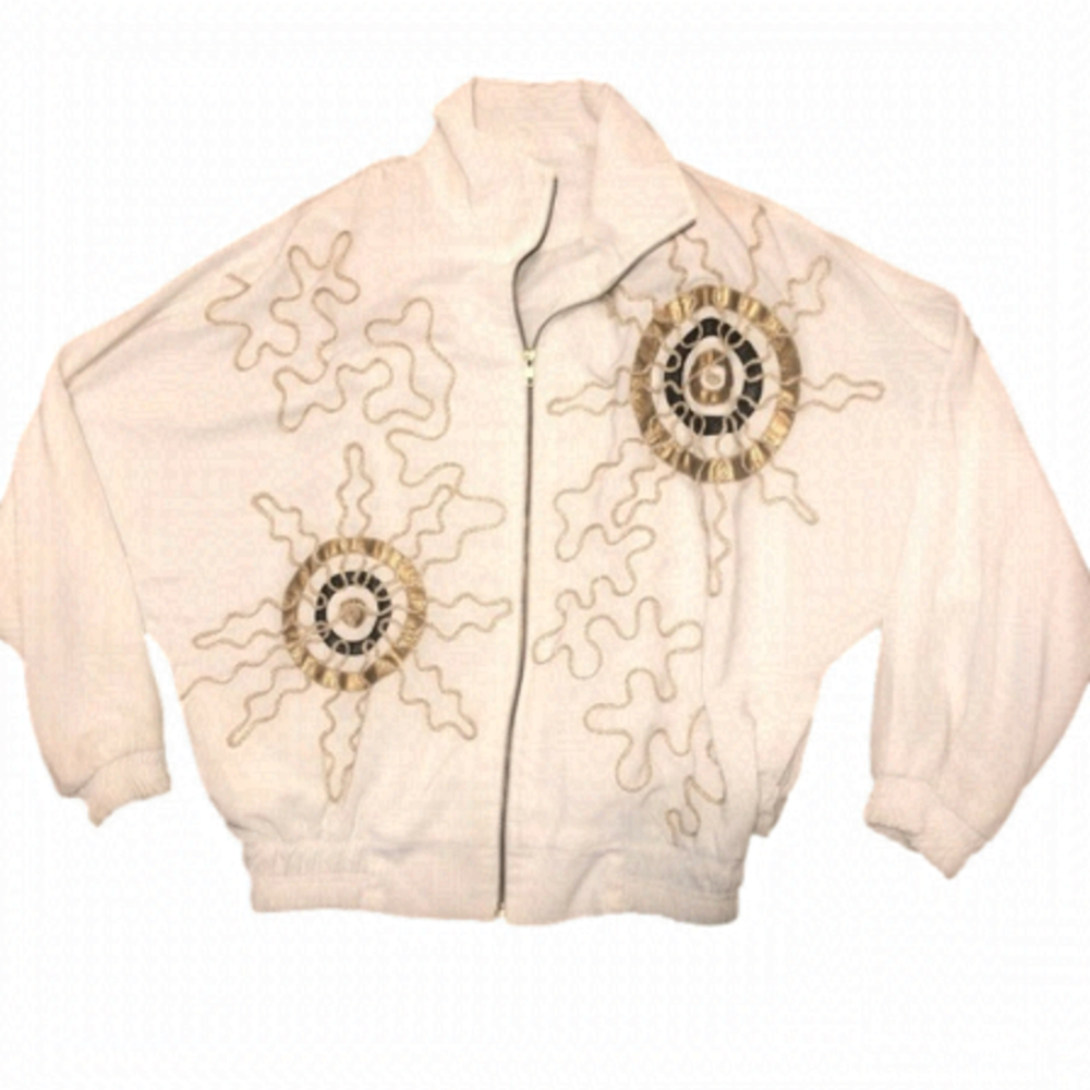 Vtg Bat Wing Windbreaker W Metallic Gold Sun Designs Zip Up W Shoulder Pads Sz L